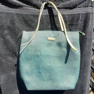 LANCOME  Turquoise/Gold Shoulder Tote Bag LARGE 19"X 16” Adjustable/Lined Logo